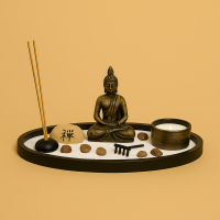 Bhushanbazar Zen Garden with Buddha Statue – Tabletop Meditation Set with Candle, Incense Holder, Stones & Sand Tray – Spiritual Decor for Home or Office
