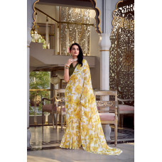 Yellow Floral Print With Pearl Lace Border Saree