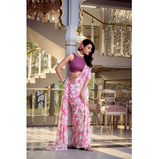 Pink Floral Print With Pearl Lace Border Saree