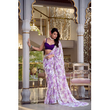 Lavender Floral Print With Pearl Lace Border Saree