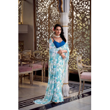 Sky Blue Floral Print With Pearl Lace Border Saree
