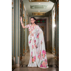 White Digital Printed Georgette Saree 