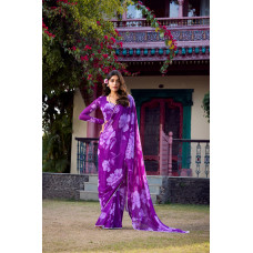 Purple Floral Printed Pearl Lace Border Saree
