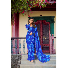 Blue Floral Printed Pearl Lace Border Saree