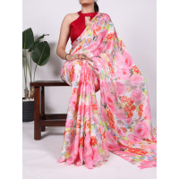 Light Pink Digital Printed  Dull Satin Saree