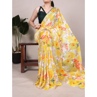 Yellow Digital Printed Dull Satin Saree