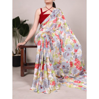 Grey Digital Printed Dull Satin Saree