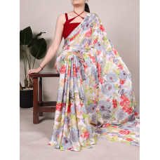 Grey Digital Printed Dull Satin Saree