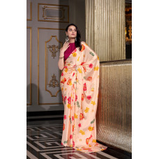 Cream Satin Silk Digital Printed Saree