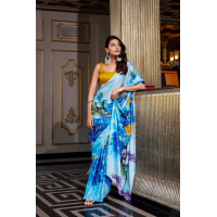 Sky Blue Satin Silk Digital Printed Saree