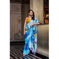 Sky Blue Satin Silk Digital Printed Saree