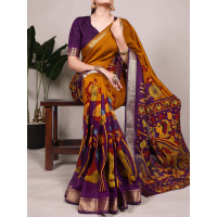 Mustard Yellow Tradition Floral Printed With Zari Weaving Work Saree