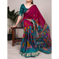 Pink Tradition Floral Printed With Zari Weaving Work Saree