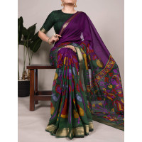 Purple Tradition Floral Printed With Zari Weaving Work Saree
