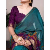 Teal Tradition Floral Printed With Zari Weaving Work Saree