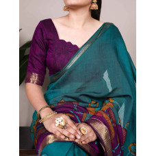 Teal Tradition Floral Printed With Zari Weaving Work Saree