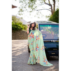 Pista Floral Printed With Pearl Lace Border Saree