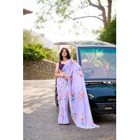 Lavender Floral Printed With Pearl Lace Border Saree