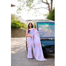 Lavender Floral Printed With Pearl Lace Border Saree