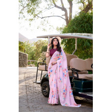 Light Pink Floral Printed With Pearl Lace Border Saree
