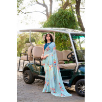  Sky Blue Floral Printed With Pearl Lace Border