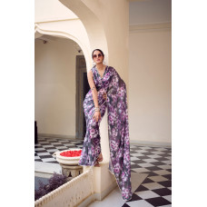 Grey and Purple Floral Printed With Pearl Lace Border Saree