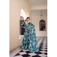 Navy Blue Floral Printed With Pearl Lace Border Saree