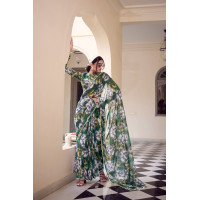 Green Floral Printed With Pearl Lace Border Saree
