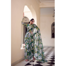 Green Floral Printed With Pearl Lace Border Saree