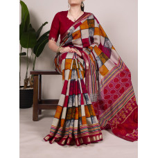 Maroon Polyester Viscose Chanderi Printed With Temple Border Saree