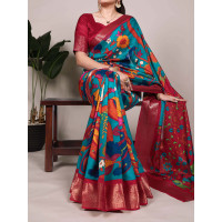 Firozi Printed With Zari Weaving Work Saree
