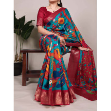 Firozi Printed With Zari Weaving Work Saree