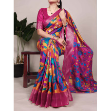 Magenta Printed With Zari Weaving Work Saree